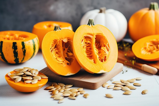 Orange pumpkins with seeds on white wooden background