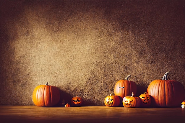 Orange pumpkins on wooden floor Halloween holiday and pumpkins