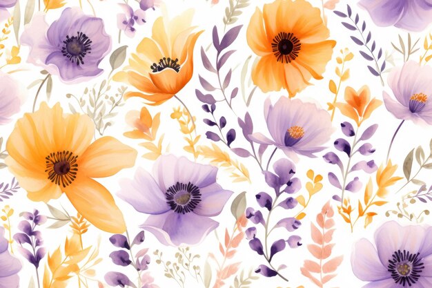 Orange and purple flower pattern Seamless watercolor with flowers and leaves