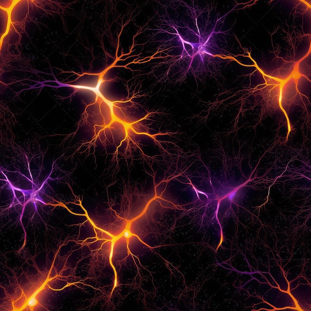 Orange Purple Yellow Fire Neurons On Black Background Tile Seamless Background Generative AI