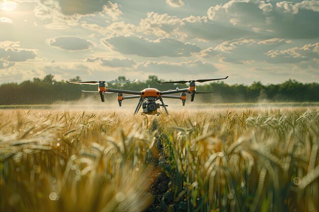 Photo an orange quadcopter pollinating rye crops