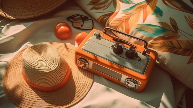 An orange radio and hat on a bed