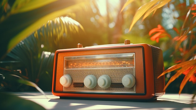 흰색 손잡이와 스피커가 있는 주황색 라디오