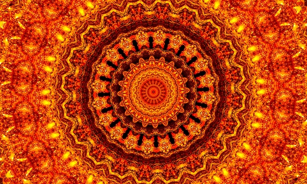 Orange rays stars on black retro textured pattern 70s. Abstract unique kaleidoscope background. Beautiful kaleidoscope seamless pattern. Seamless kaleidoscope texture