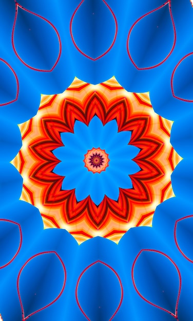 オレンジ色の光線は、70年代の青いグラデーションのレトロなテクスチャパターンに星を付けます。抽象的なユニークな万華鏡の背景。美しい万華鏡のシームレスなパターン。シームレスな万華鏡のテクスチャ。垂直方向の画像。