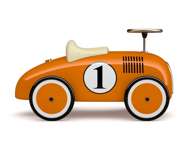 Orange retro toy car number one isolated on white background