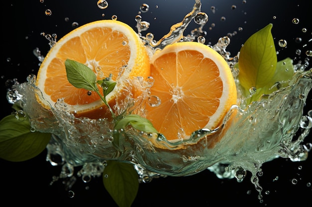 Orange ripe with flying splash over a green background