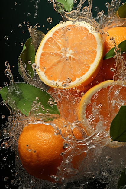 Orange ripe with flying splash over a green background