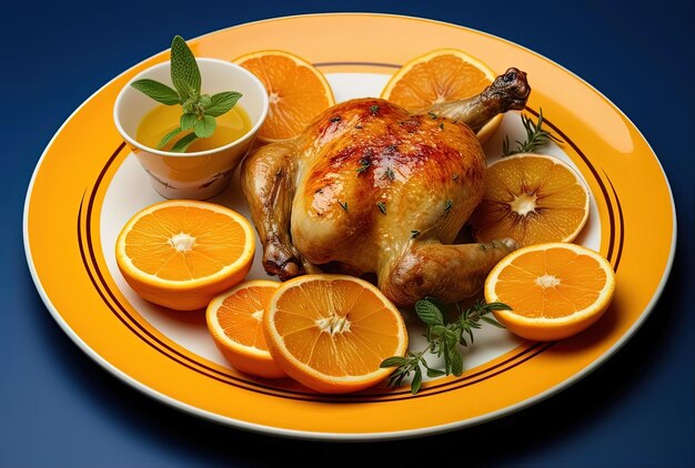 an orange roasted chicken sitting on a plate with potatoes in the style of infused symbolism