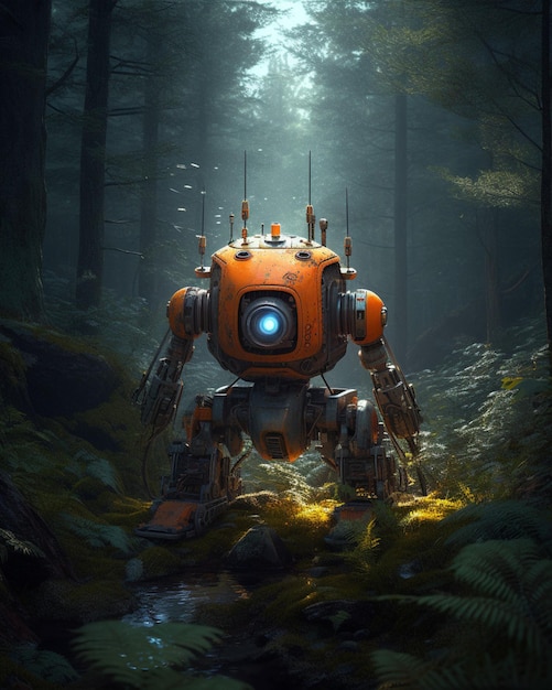 an orange robot is standing in the middle of the forest