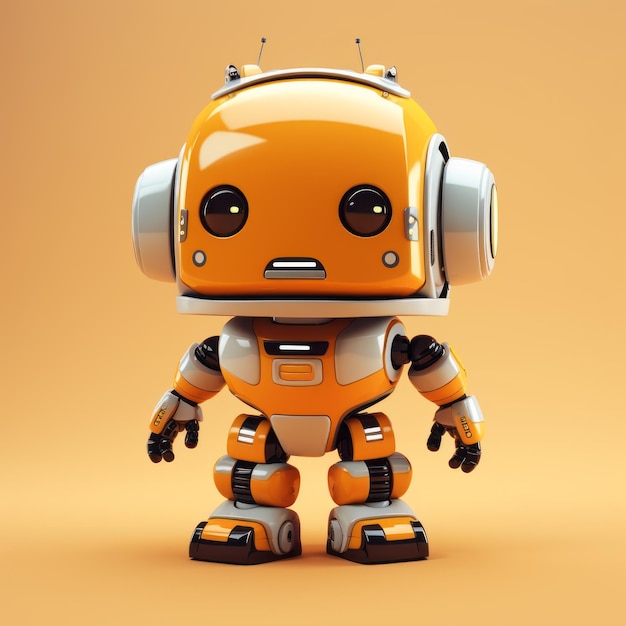 an orange robot standing in front of an orange background