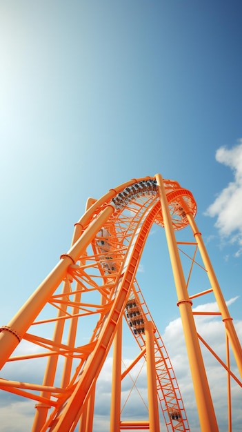 an orange roller coaster going up through the sky