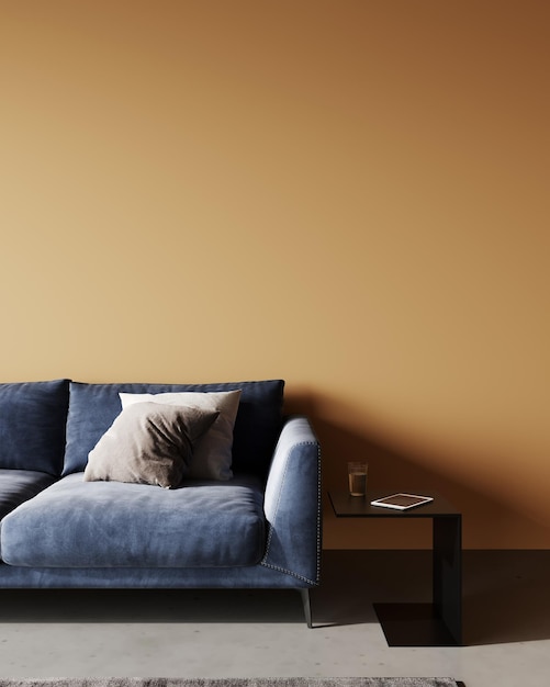 Orange room interior living room interior mockup empty orange wall and blue sofa 3d rendering