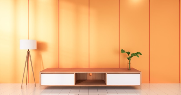 Orange room white flooring minimalist Japanese living room