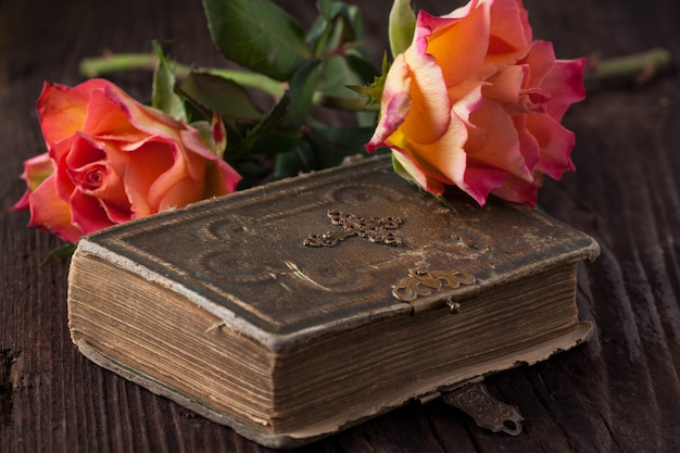 Orange roses with old book