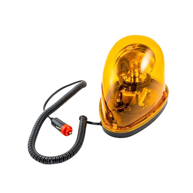 Photo orange rotating flashin light for construction vehicles with wire isolated on white background