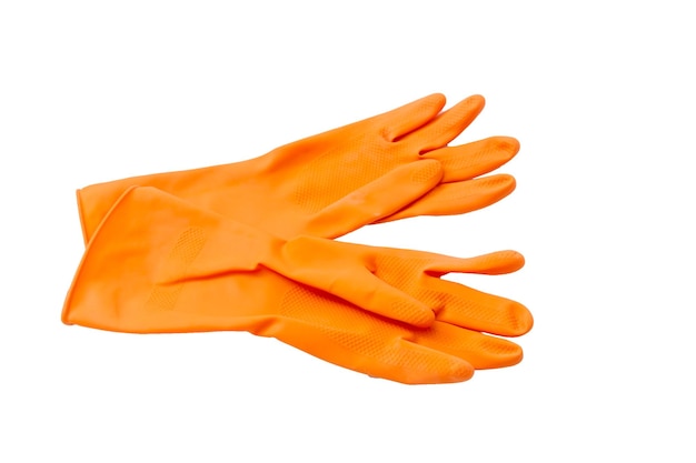 orange rubber cleaning gloves on white background