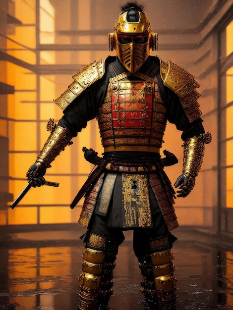 A orange samurai stands in the temple background