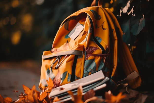 orange school backpack and autumn leaves on nature background back to school ai generative