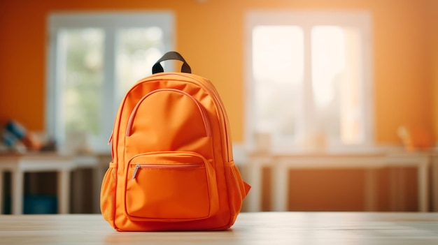 Orange school backpack on a table in classroom