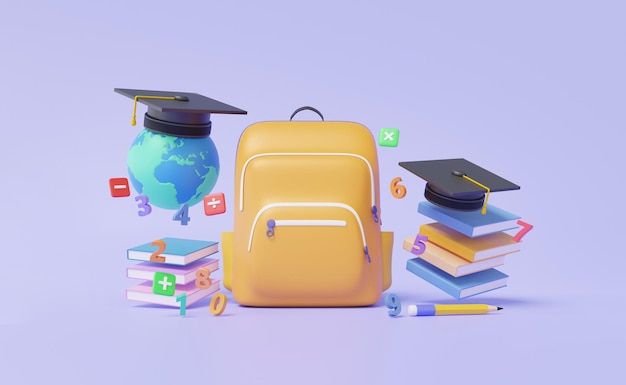 Orange schoolbag education training learning conceptmath with backpack number calculate book floating on purple pastel background Back to school element graphic 3d rendering illustration