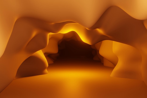 オレンジ色に輝く空の鉱山の洞窟 3 d シーンのレンダリング
