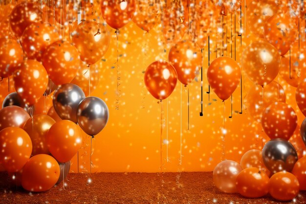 Orange and silver balloons with the word birthday on the bottom