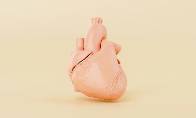 黄色の背景にオレンジ色のシンプルな心臓モデル医療科学ヘルスケアと抽象的なオブジェクトの概念3Dイラストレンダリング
