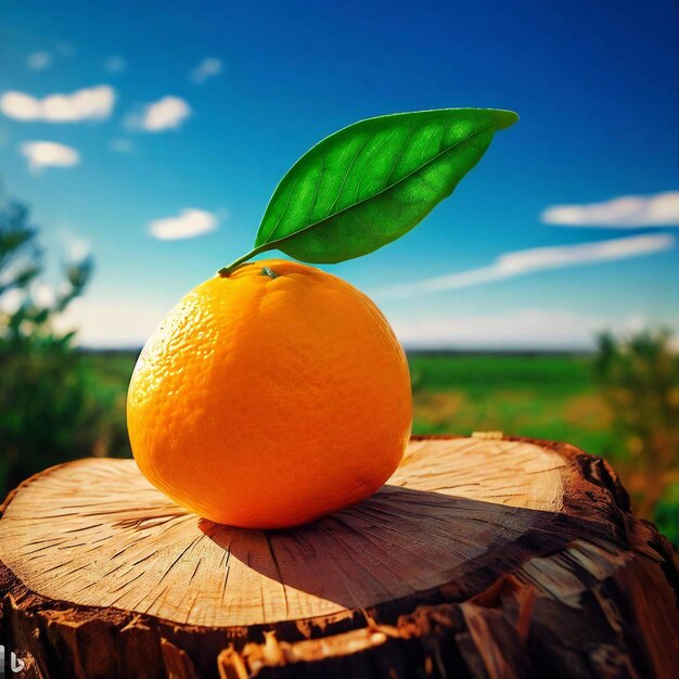 An orange sits on a log in the countryside