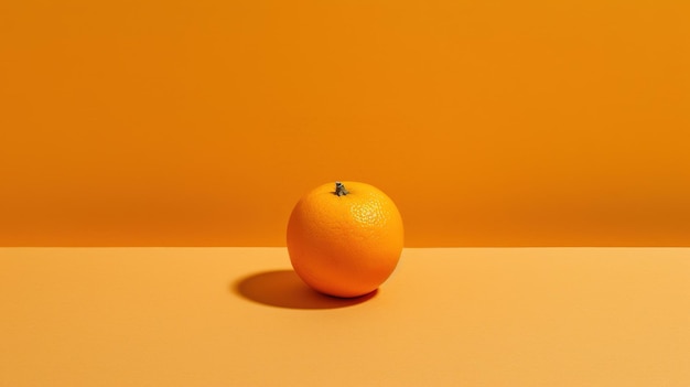 An orange sits on a table in front of a orange background.