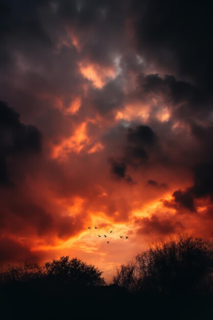 An orange sky with birds flying in it in the style of dramatic lighting effects atmospheric clouds