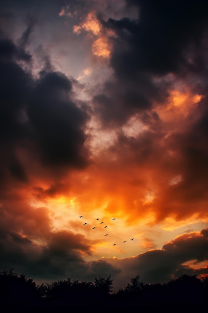 劇的な照明効果の大気雲のスタイルで鳥が飛んでいるオレンジ色の空