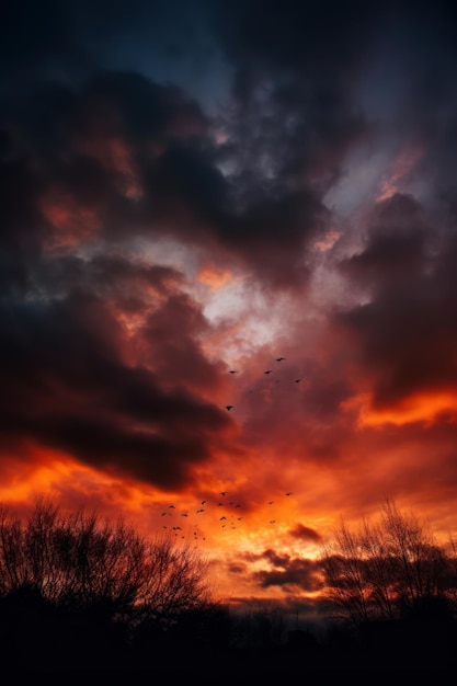 An orange sky with birds flying in it in the style of dramatic lighting effects atmospheric clouds