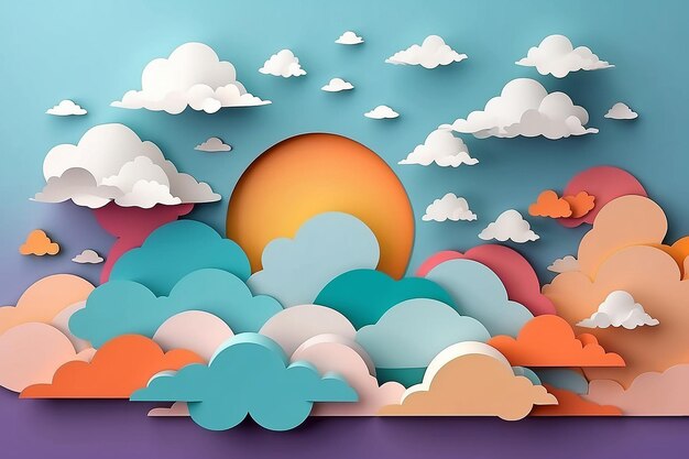 Orange sky with couds Paper cut background Trendy 3D design stock illustration