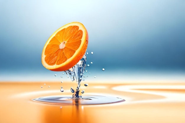 An orange slice is being dropped into a water droplet