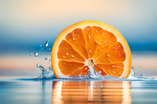 Долька апельсина плавает в воде с синим фоном.