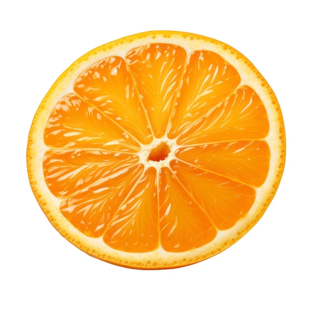 Orange slice isolated on white transparent background Yellow ripe citrus fruit cut view from above