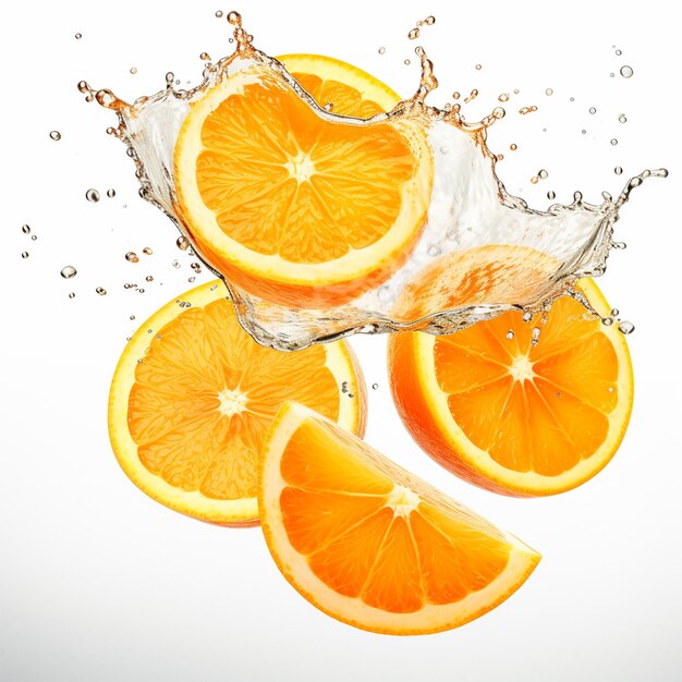 Orange slice and splash of juice isolated on white