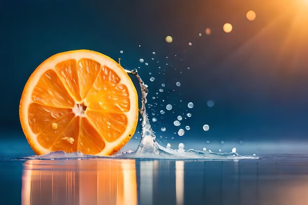 An orange slice splashing in water with a blue background