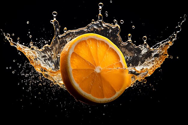 Orange slice and spray of juice isolated