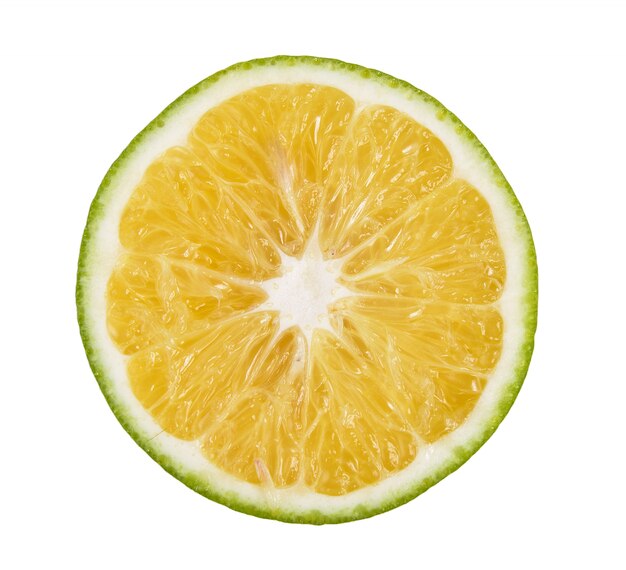 Orange slice on white wall