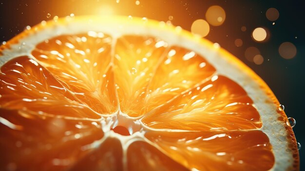 Orange slice with juicy droplets