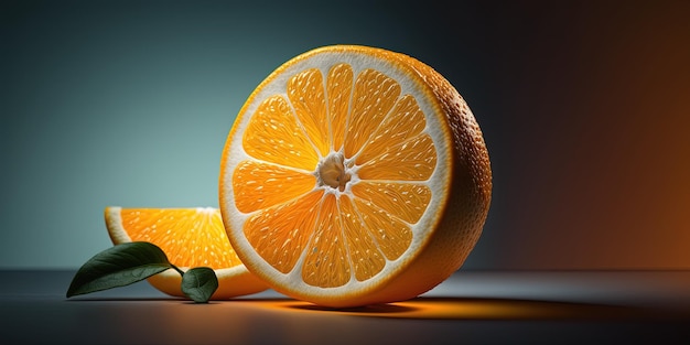 An orange sliced in half with a green leaf generative AI