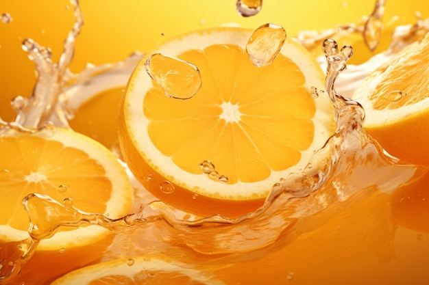 Orange sliced orange splashed orange juice yellow background