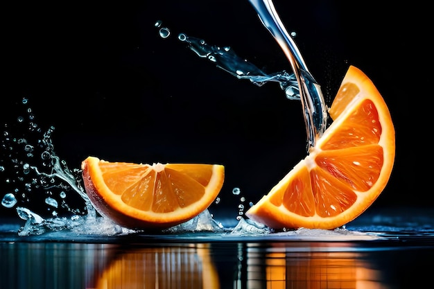 오렌지 슬라이스는 물이 주위에 튀는 유리로 슬라이스되고 있습니다.
