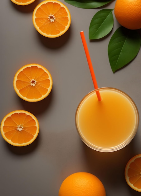 Orange slices and orange juice from above on dark concrete countertop