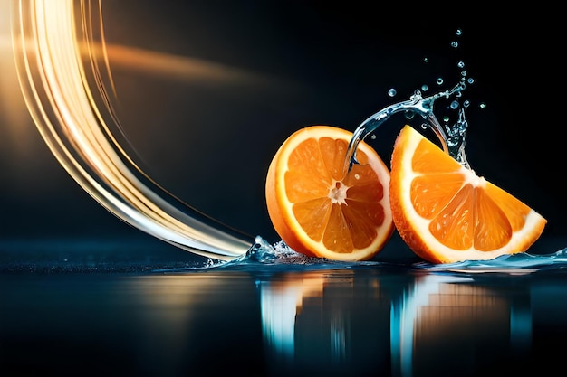 Orange slices splashing into a water splash