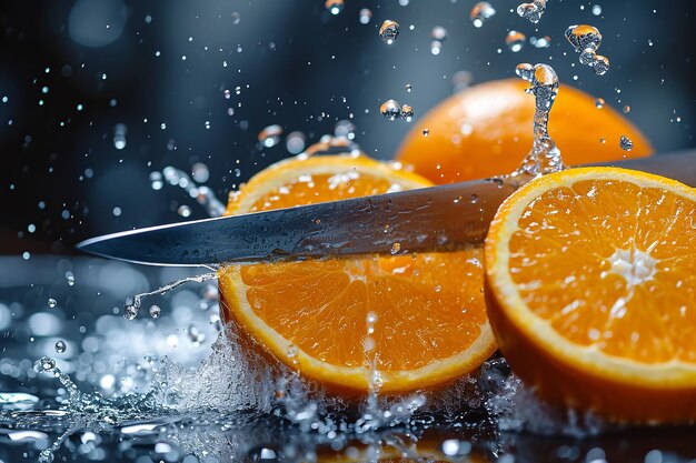 Photo orange slices with knife and water drops and splashes on dark and blue still life
