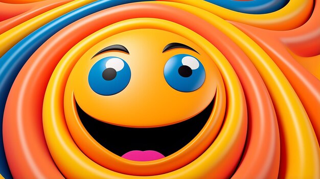 An orange smiley face with blue eyes on a colorful background