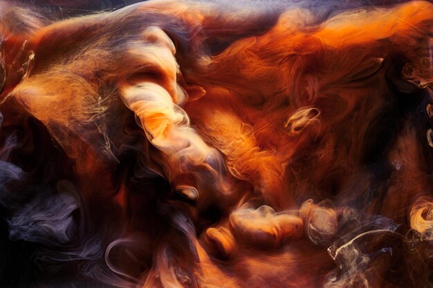 Orange smoke on black ink background, colorful fog, abstract swirling ocean sea, acrylic paint pigment underwater